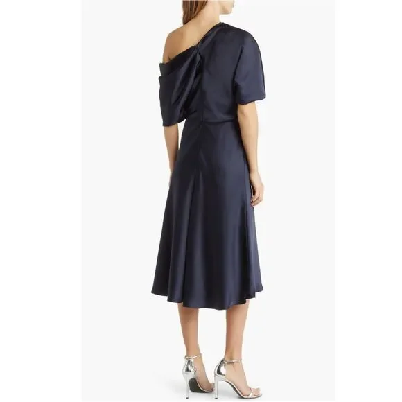 Amsale NAVY One Shoulder Fluid Satin Cocktail Midi Dress, NWT, Size 4 - Picture 4 of 13